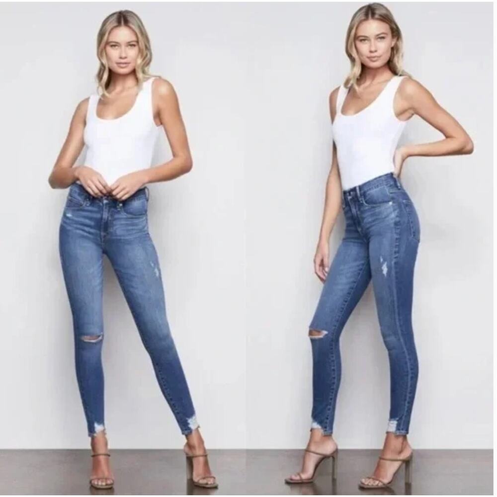 Good American Good Waist Skinny Jeans Womens 14 Blue Distressed Raw Hem